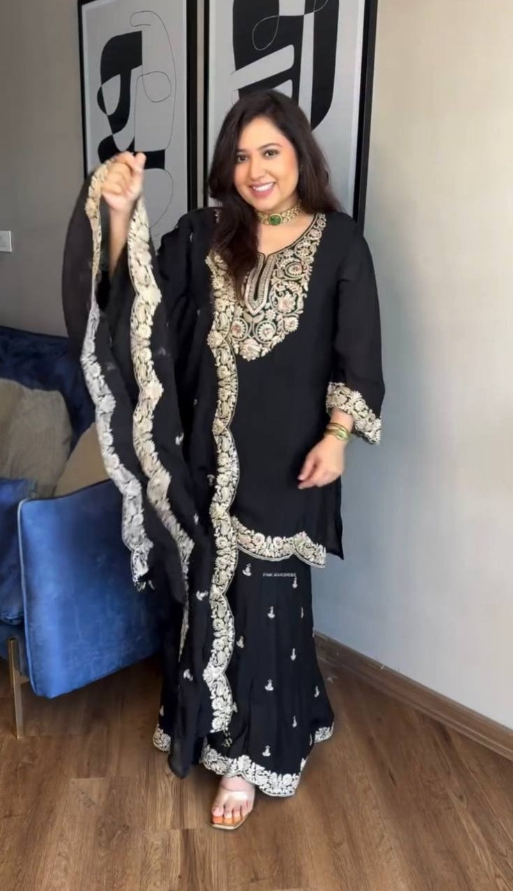 Black Designer Pure Chinnon Silk Dori Palazzo Top and Dupatta