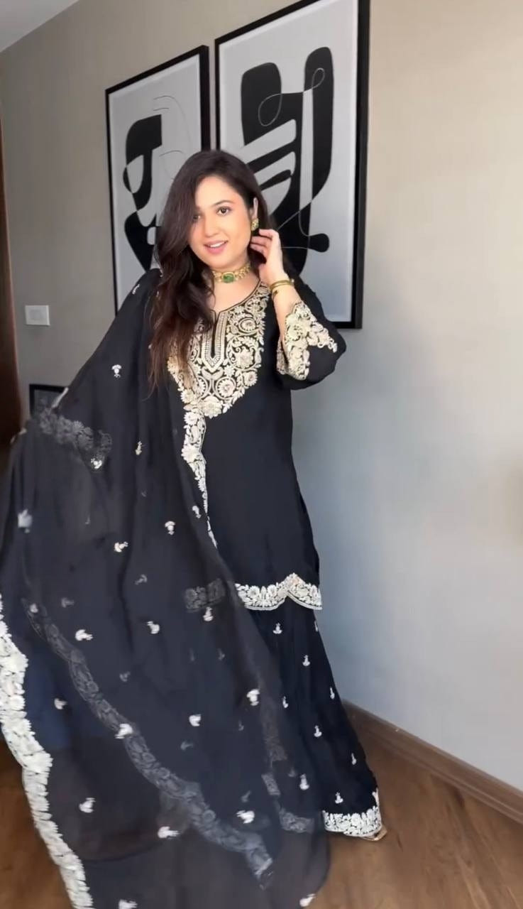 Black Designer Pure Chinnon Silk Dori Palazzo Top and Dupatta