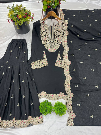 Black Designer Pure Chinnon Silk Dori Palazzo Top and Dupatta