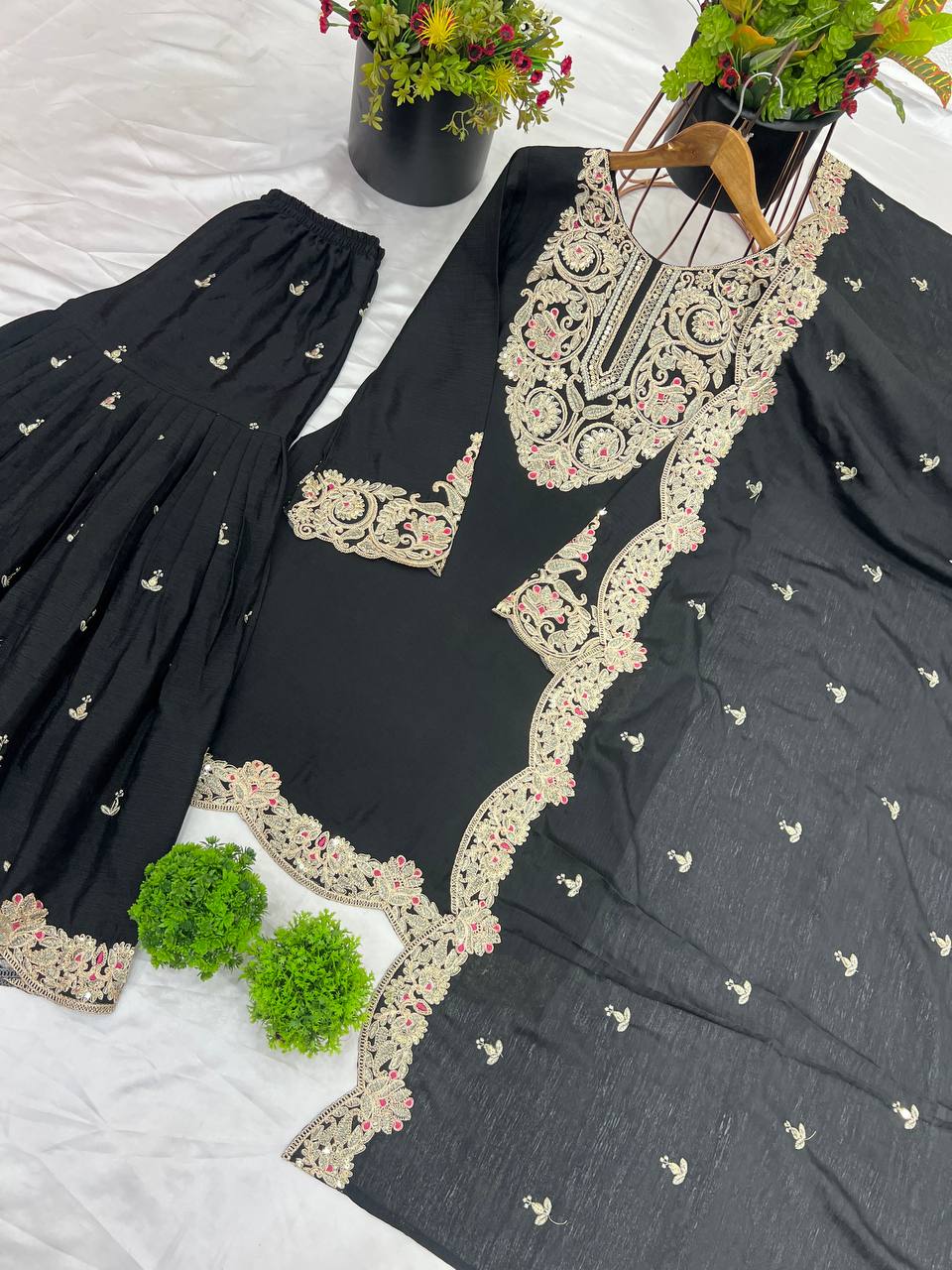 Black Designer Pure Chinnon Silk Dori Palazzo Top and Dupatta