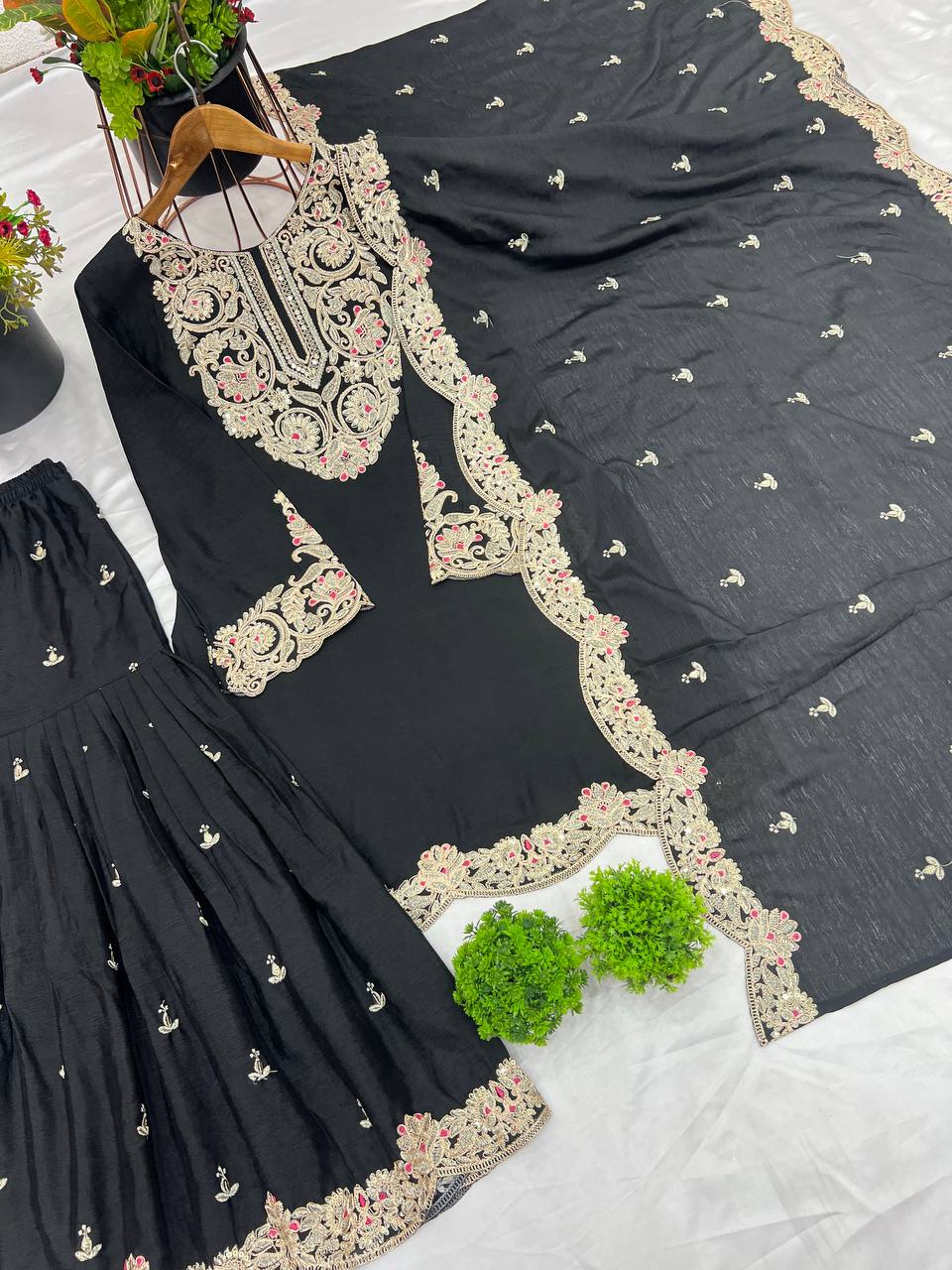 Black Designer Pure Chinnon Silk Dori Palazzo Top and Dupatta