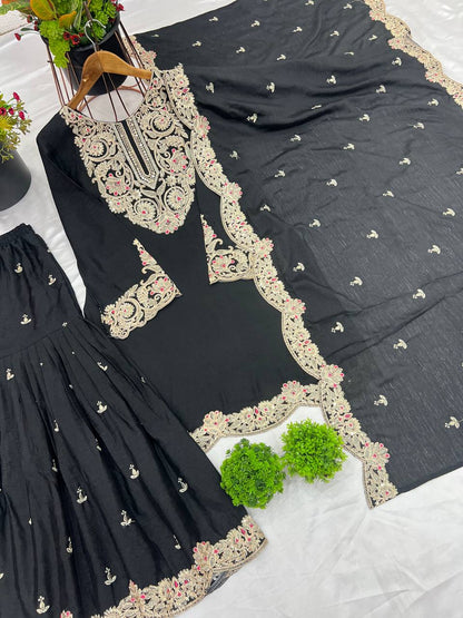 Black Designer Pure Chinnon Silk Dori Palazzo Top and Dupatta