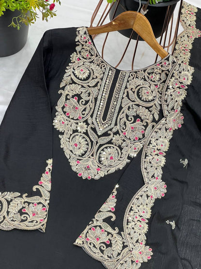 Black Designer Pure Chinnon Silk Dori Palazzo Top and Dupatta