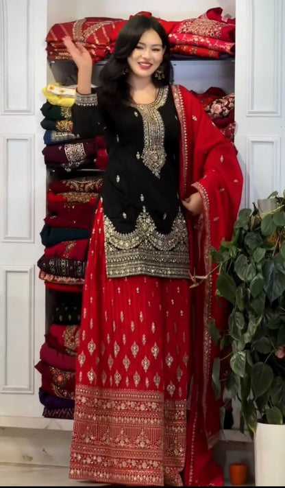 Black Designer Pure Chinon Silk Plazzo Top and Dupatta For Party Wear
