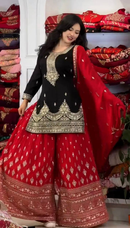 Black Designer Pure Chinon Silk Plazzo Top and Dupatta For Party Wear