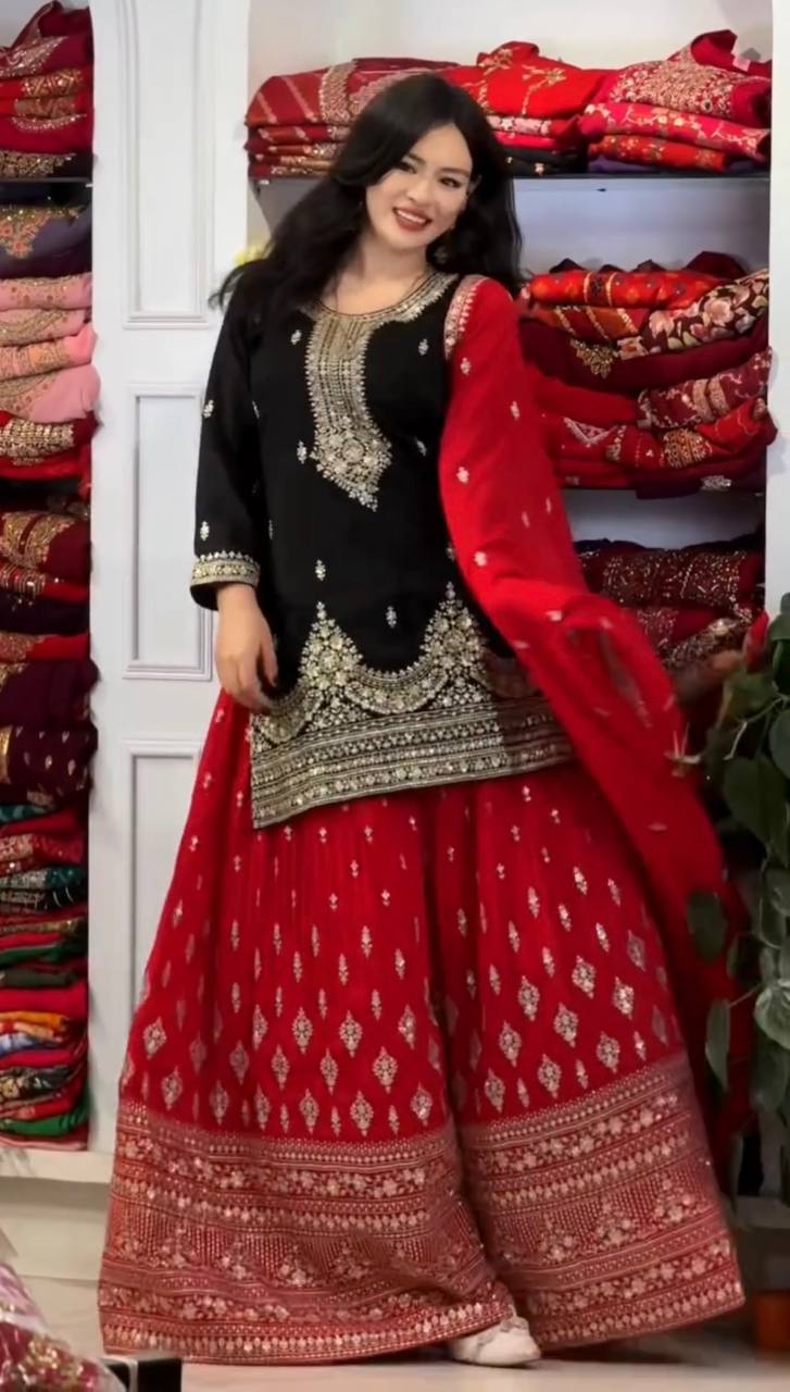 Black Designer Pure Chinon Silk Plazzo Top and Dupatta For Party Wear