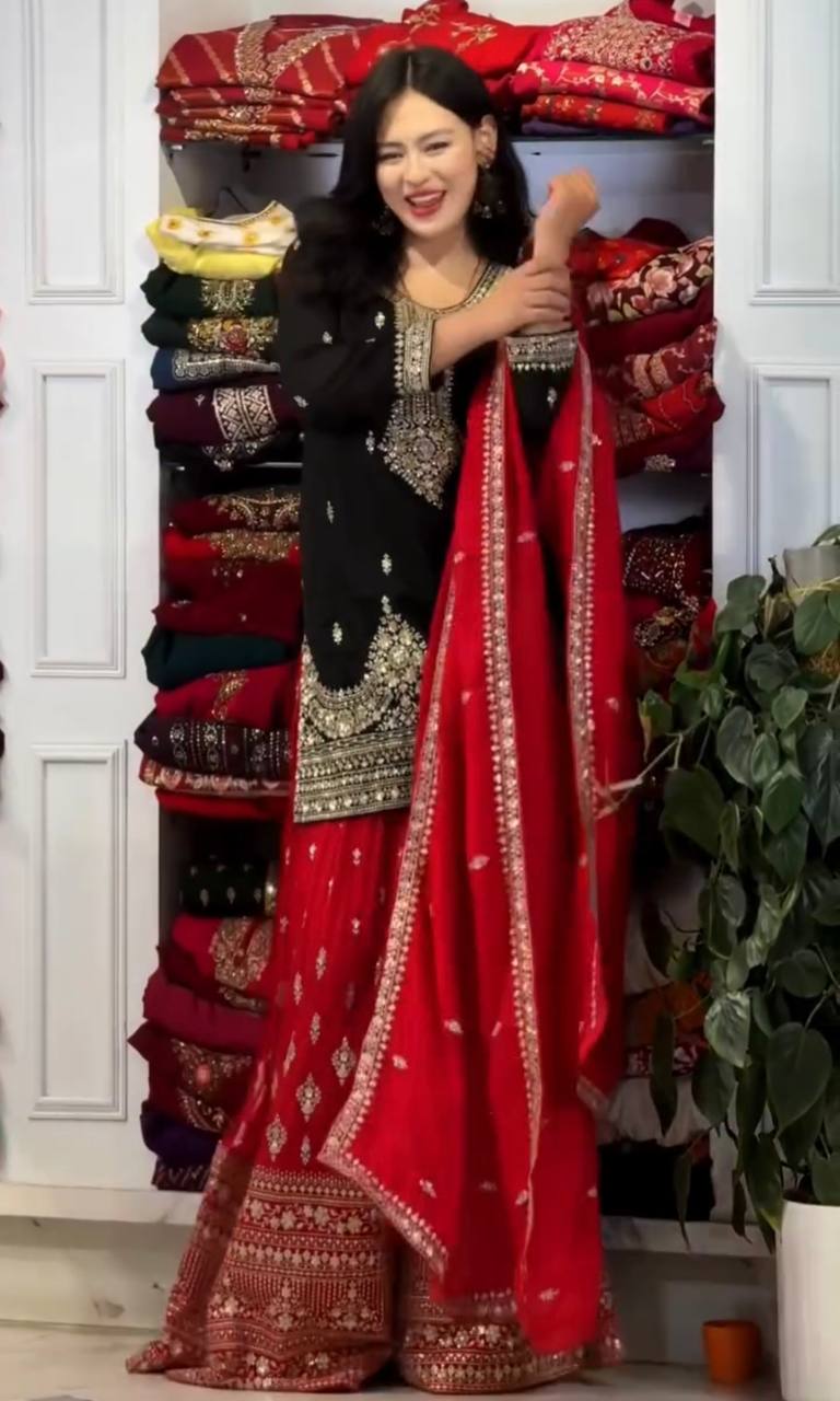 Black Designer Pure Chinon Silk Plazzo Top and Dupatta For Party Wear