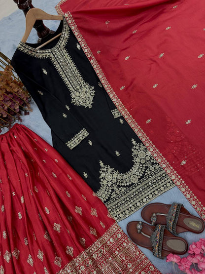 Black Designer Pure Chinon Silk Plazzo Top and Dupatta For Party Wear