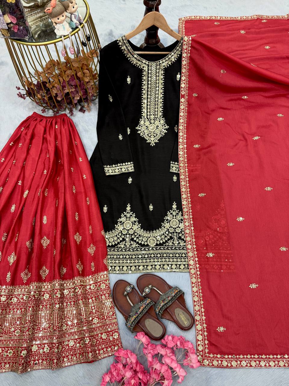 Black Designer Pure Chinon Silk Plazzo Top and Dupatta For Party Wear