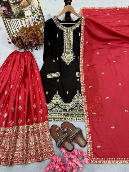 Black Designer Pure Chinon Silk Plazzo Top and Dupatta For Party Wear