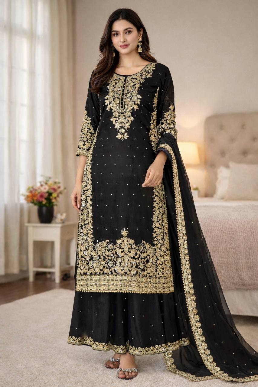 Black Designer Pure GMY Silk Top Bottom and Dupatta For Party Wear
