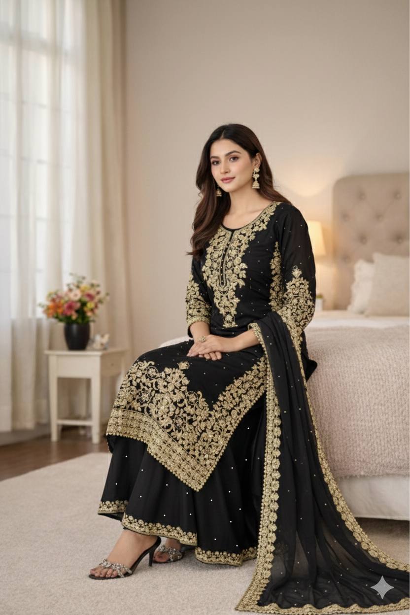 Black Designer Pure GMY Silk Top Bottom and Dupatta For Party Wear