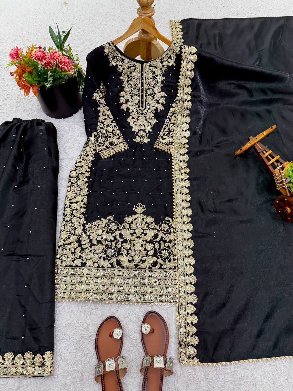 Black Designer Pure GMY Silk Top Bottom and Dupatta For Party Wear