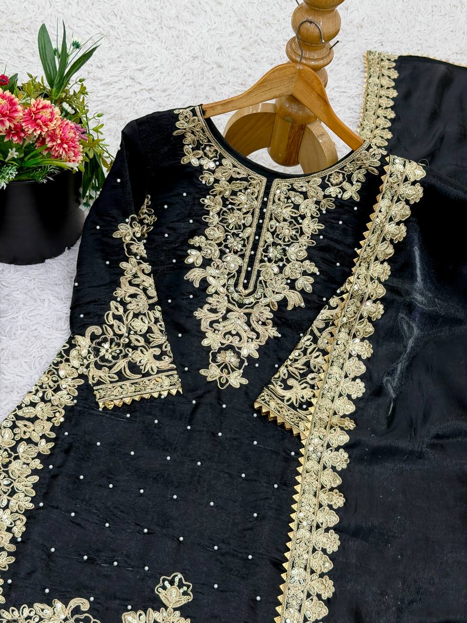 Black Designer Pure GMY Silk Top Bottom and Dupatta For Party Wear