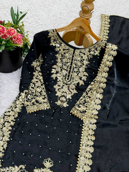 Black Designer Pure GMY Silk Top Bottom and Dupatta For Party Wear