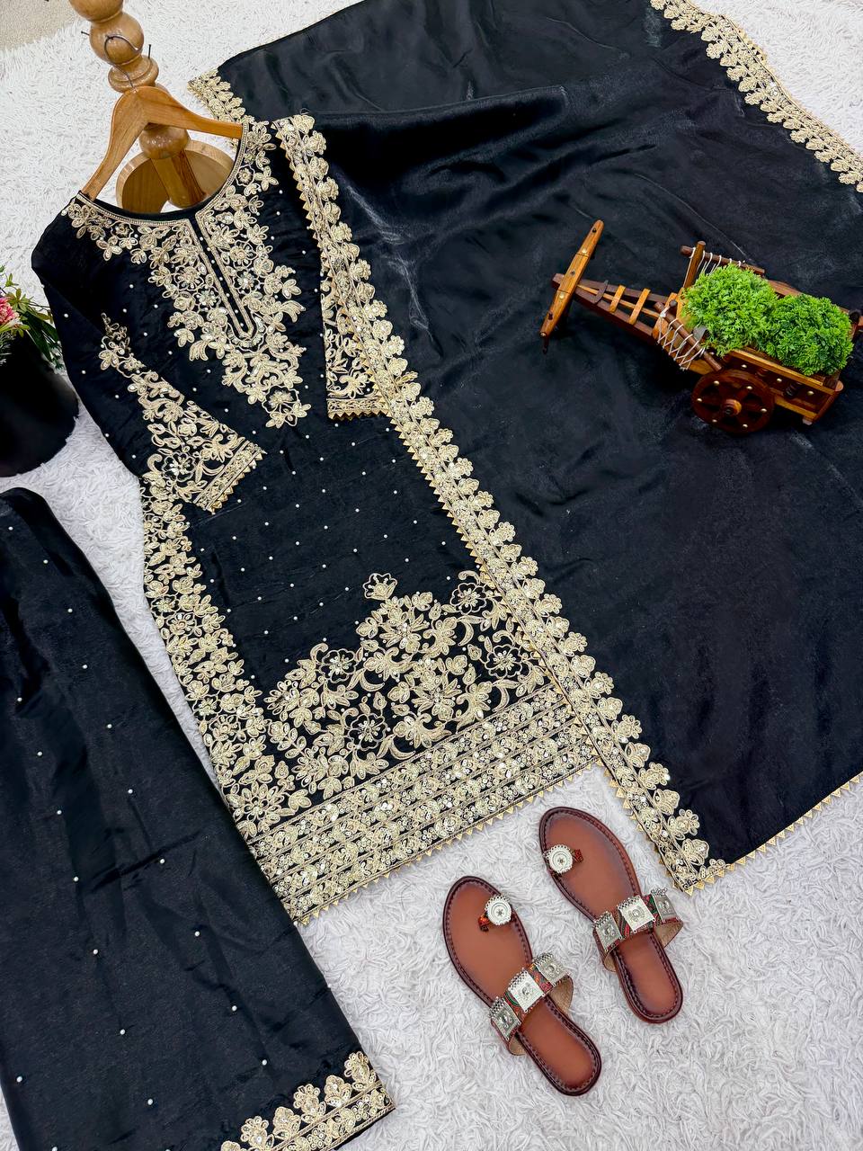 Black Designer Pure GMY Silk Top Bottom and Dupatta For Party Wear