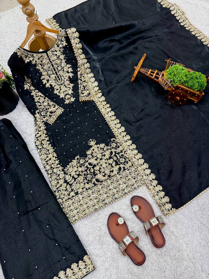 Black Designer Pure GMY Silk Top Bottom and Dupatta For Party Wear