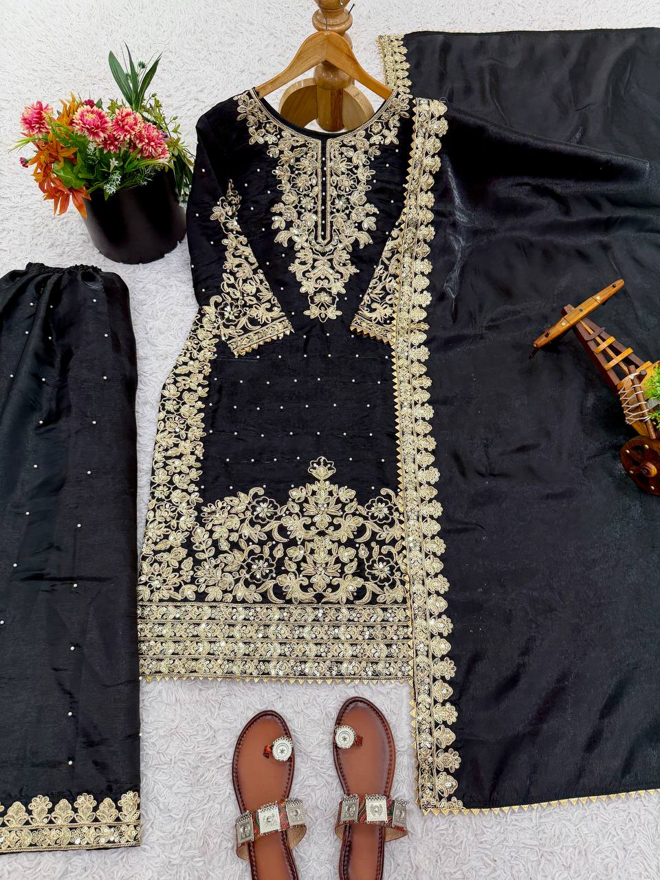 Black Designer Pure GMY Silk Top Bottom and Dupatta For Party Wear