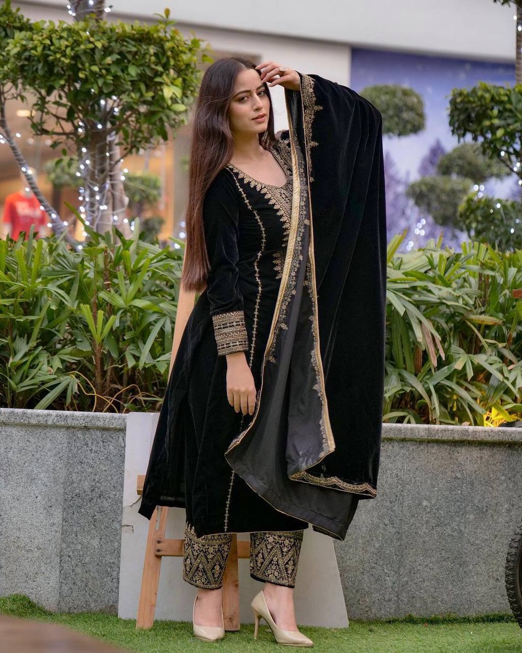Black Designer Viscose Velvet Bottom Top and Dupatta For Party Wear