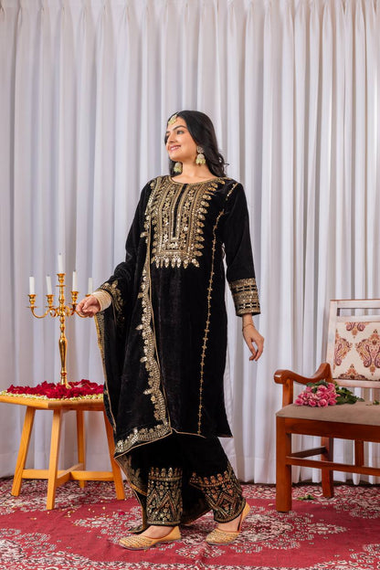 Black Designer Viscose Velvet Bottom Top and Dupatta For Party Wear