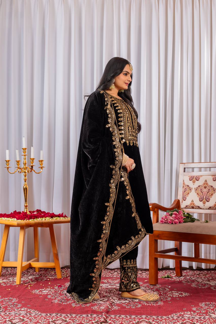 Black Designer Viscose Velvet Bottom Top and Dupatta For Party Wear