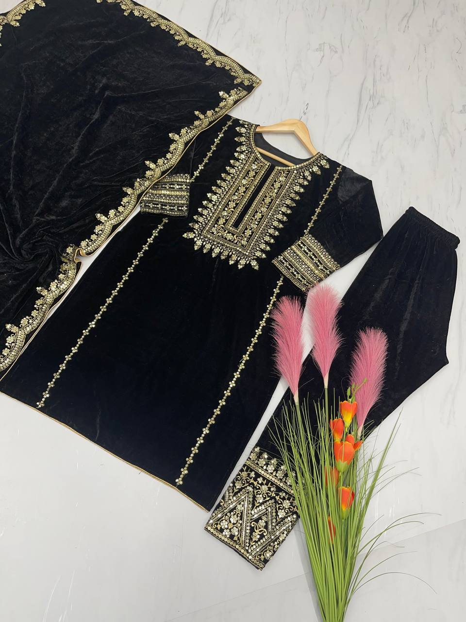 Black Designer Viscose Velvet Bottom Top and Dupatta For Party Wear