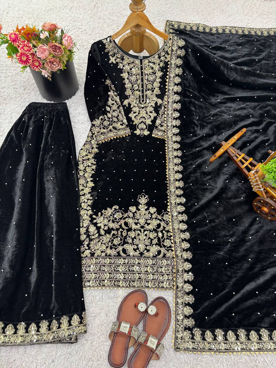Black Designer Viscose Velvet Coding Top and Dupatta For Party Wear