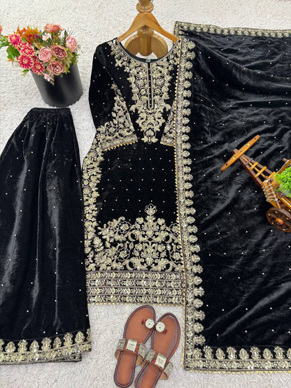 Black Designer Viscose Velvet Coding Top and Dupatta For Party Wear