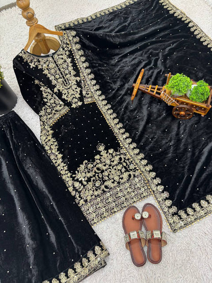 Black Designer Viscose Velvet Coding Top and Dupatta For Party Wear
