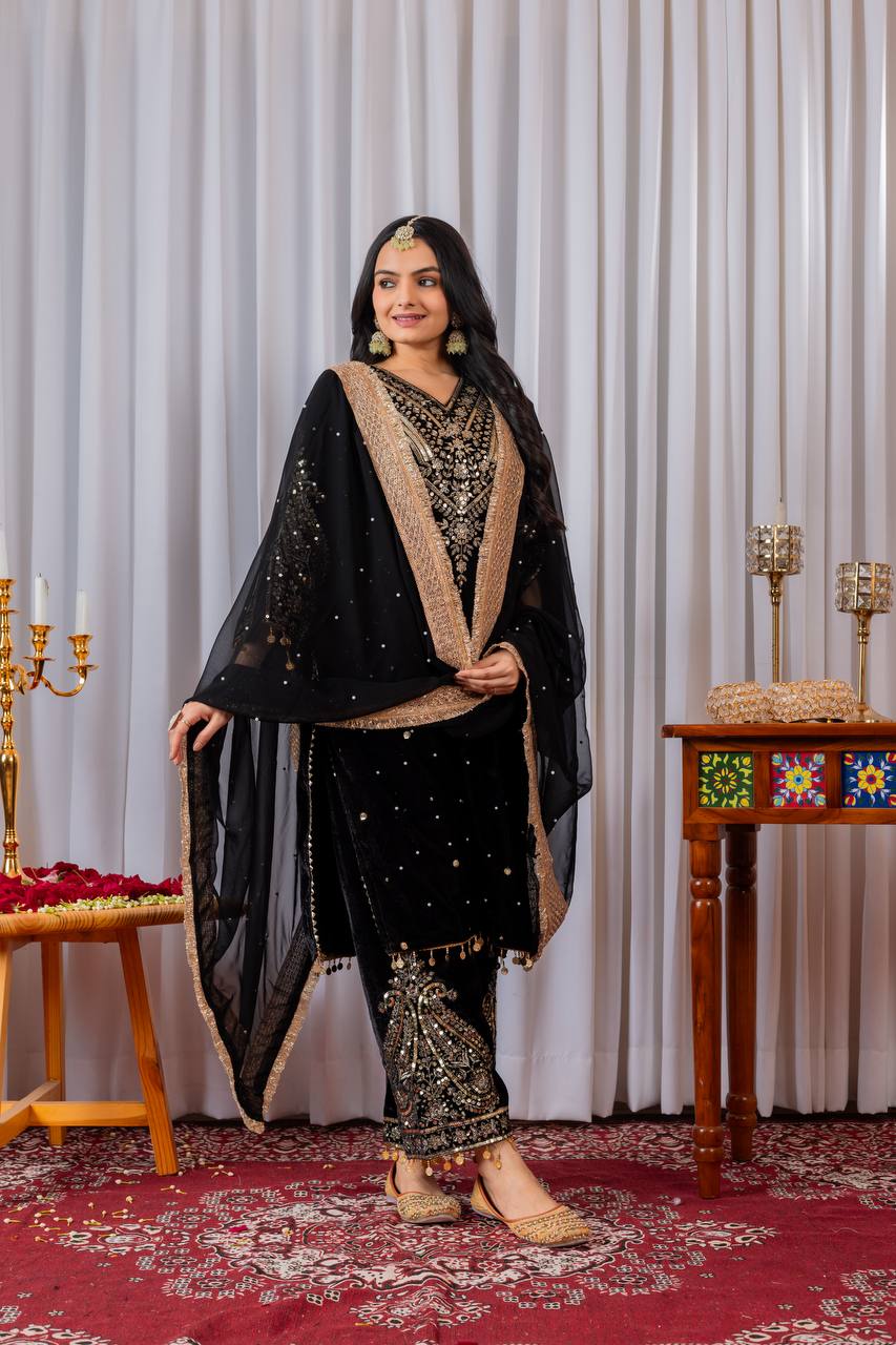 Black Designer Viscose Velvet Plazzo Top and Dupatta For Party Wear