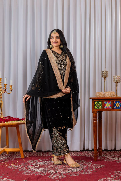 Black Designer Viscose Velvet Plazzo Top and Dupatta For Party Wear