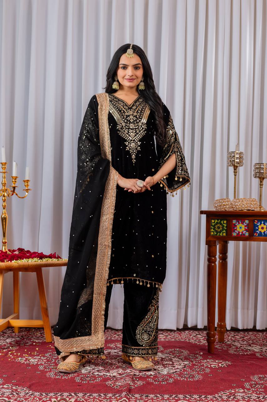 Black Designer Viscose Velvet Plazzo Top and Dupatta For Party Wear