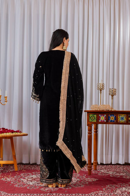 Black Designer Viscose Velvet Plazzo Top and Dupatta For Party Wear