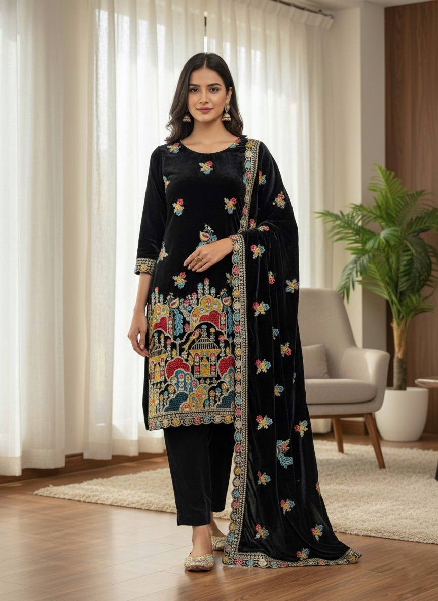 Black Designer Viscose Velvet Sharara Suit and Dupatta For Party Wear