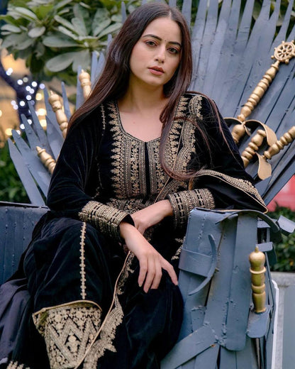 Black Designer Viscose Velvet Sharara Suit and Dupatta For Party Wear