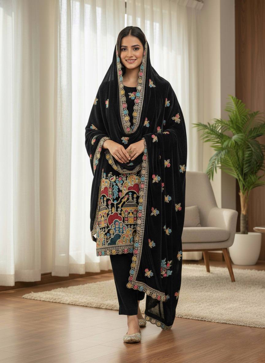 Black Designer Viscose Velvet Sharara Suit and Dupatta For Party Wear