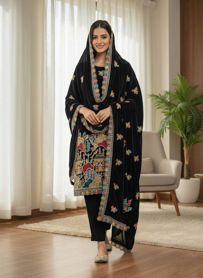 Black Designer Viscose Velvet Sharara Suit and Dupatta For Party Wear