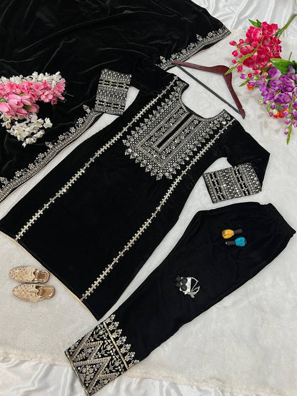 Black Designer Viscose Velvet Sharara Suit and Dupatta For Party Wear