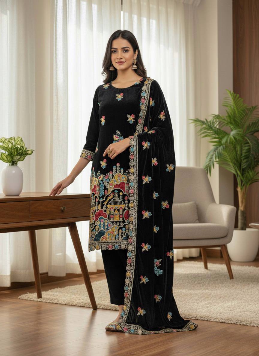 Black Designer Viscose Velvet Sharara Suit and Dupatta For Party Wear