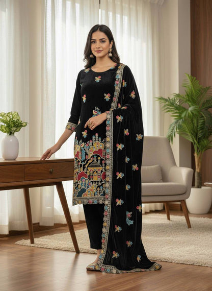 Black Designer Viscose Velvet Sharara Suit and Dupatta For Party Wear