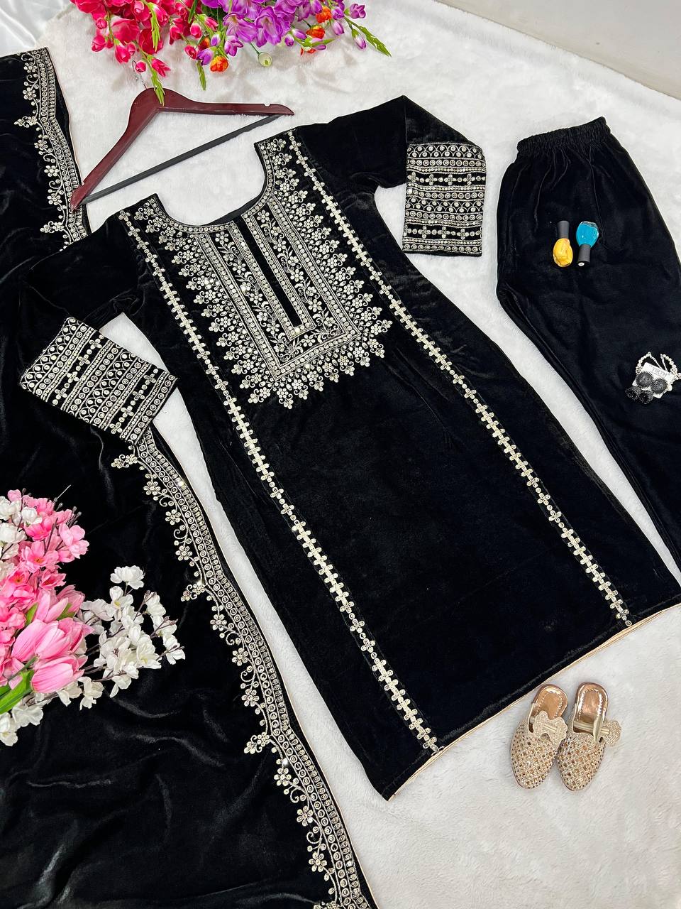 Black Designer Viscose Velvet Sharara Suit and Dupatta For Party Wear