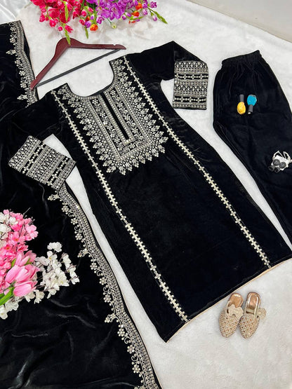 Black Designer Viscose Velvet Sharara Suit and Dupatta For Party Wear