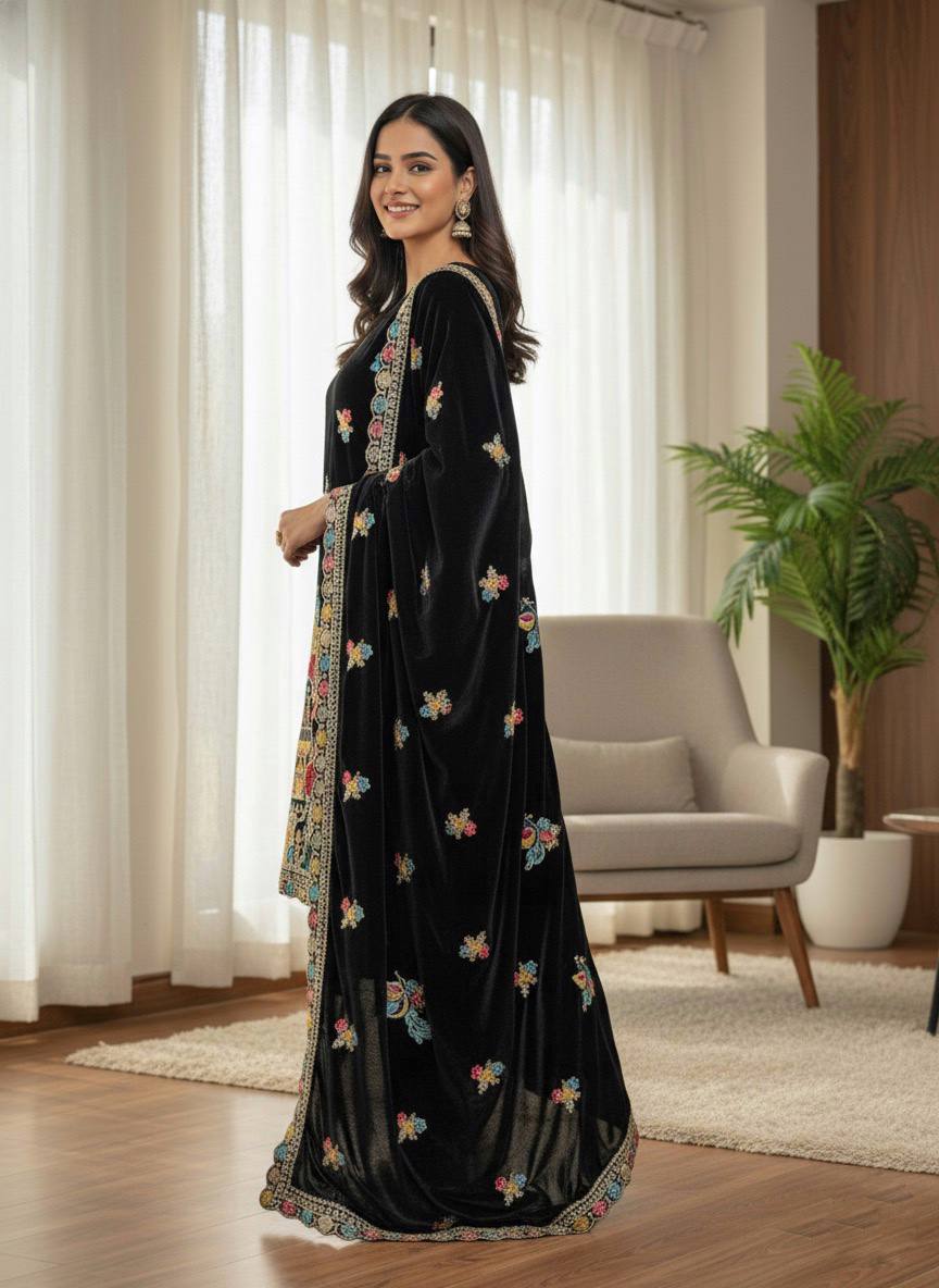 Black Designer Viscose Velvet Sharara Suit and Dupatta For Party Wear