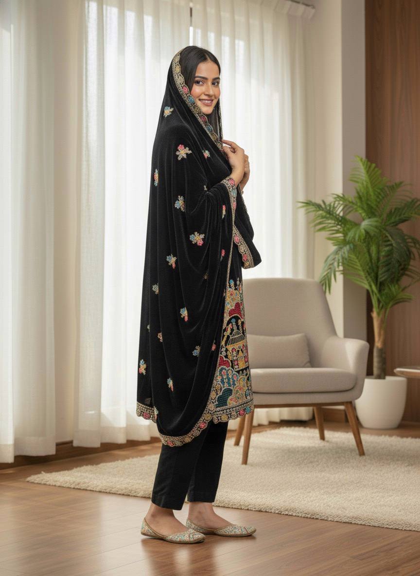 Black Designer Viscose Velvet Sharara Suit and Dupatta For Party Wear