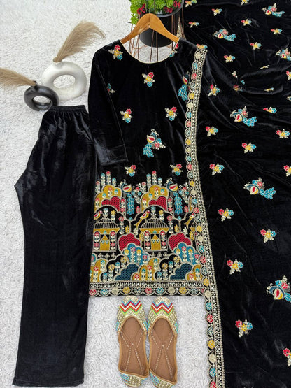 Black Designer Viscose Velvet Sharara Suit and Dupatta For Party Wear