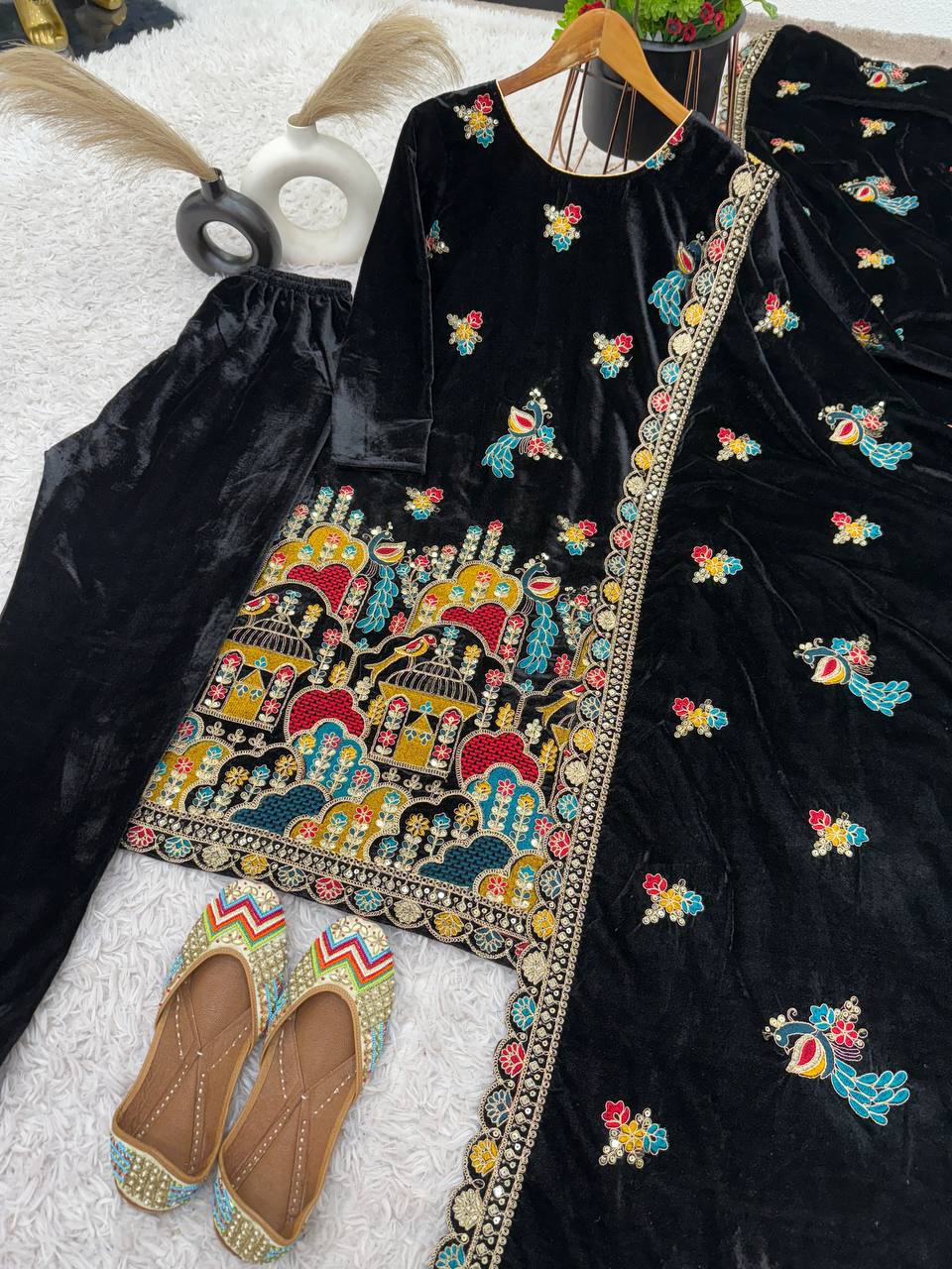 Black Designer Viscose Velvet Sharara Suit and Dupatta For Party Wear