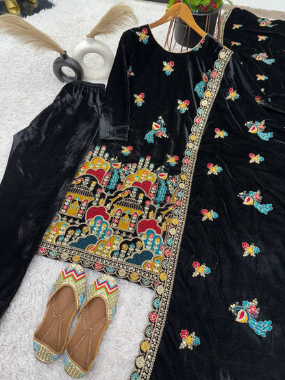 Black Designer Viscose Velvet Sharara Suit and Dupatta For Party Wear