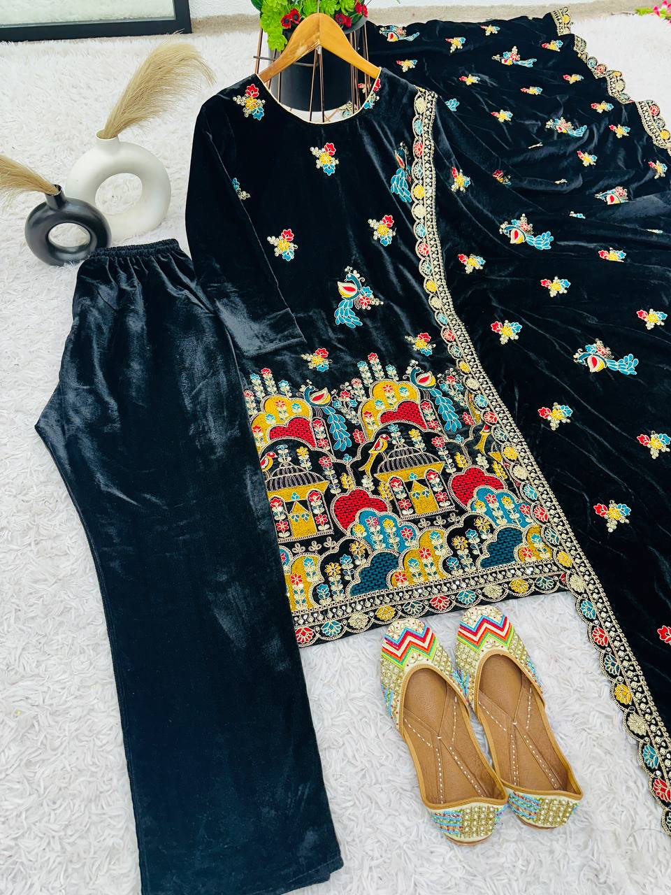 Black Designer Viscose Velvet Sharara Suit and Dupatta For Party Wear