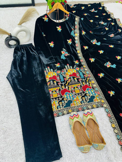Black Designer Viscose Velvet Sharara Suit and Dupatta For Party Wear