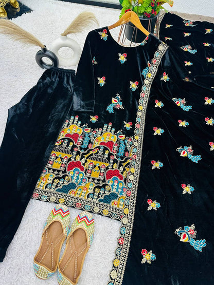 Black Designer Viscose Velvet Sharara Suit and Dupatta For Party Wear